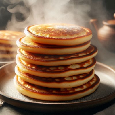 Tortitas Blinis recien hechas, apiladas y en un plato.